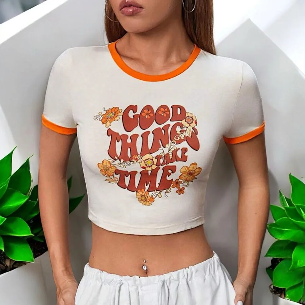 “Good Things Take Time” Slogan Contrast Graphic Cropped Tee - Picture 8 of 16